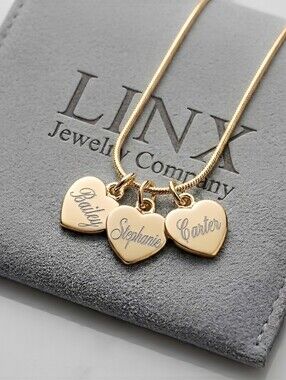 20in Yellow Gold Snake Chain Necklace With Personalized Name Heart Charms